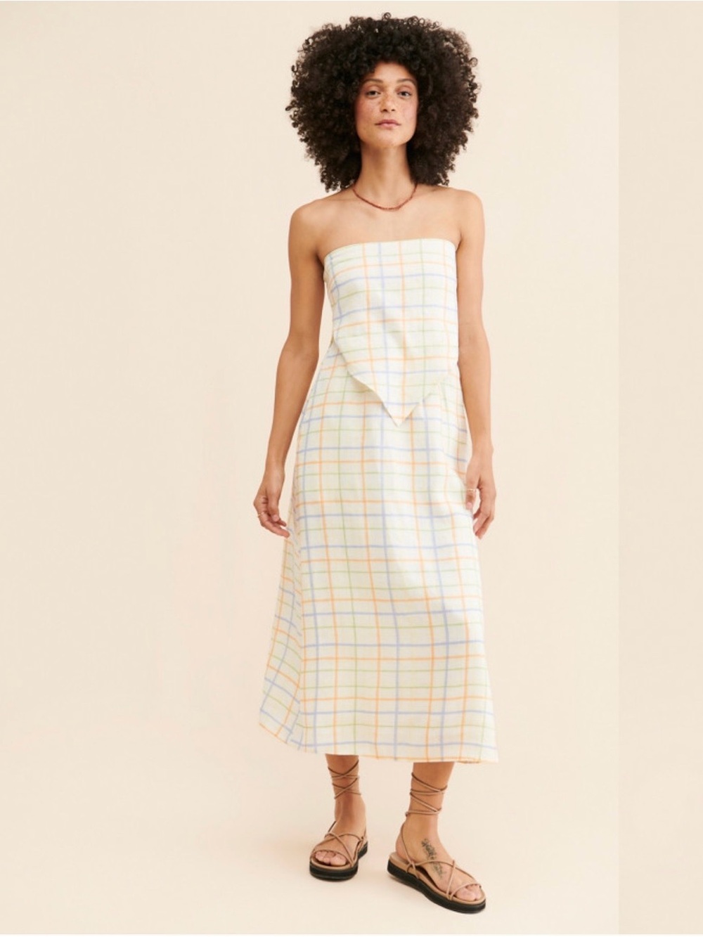 Free People IRES Petunia 100% Linen Scarf Dress Handkerchief Pastel Plaid Medium